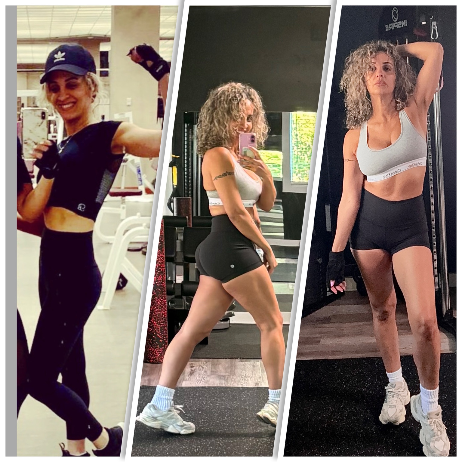 Three photos showing Osi’s strength and fitness journey from her late 30s into her 50s
